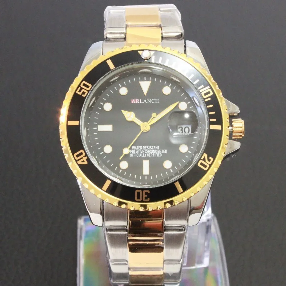 Men's Diver Style Watch Black Bezel Silver Gold Tone 40mm - Picture 3 of 14
